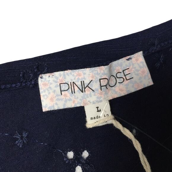 Pink Rose Top Eyelet Short Flutter Sleeve Blouse Women's L Navy Blue NEW Shirt‎ - Picture 2 of 9